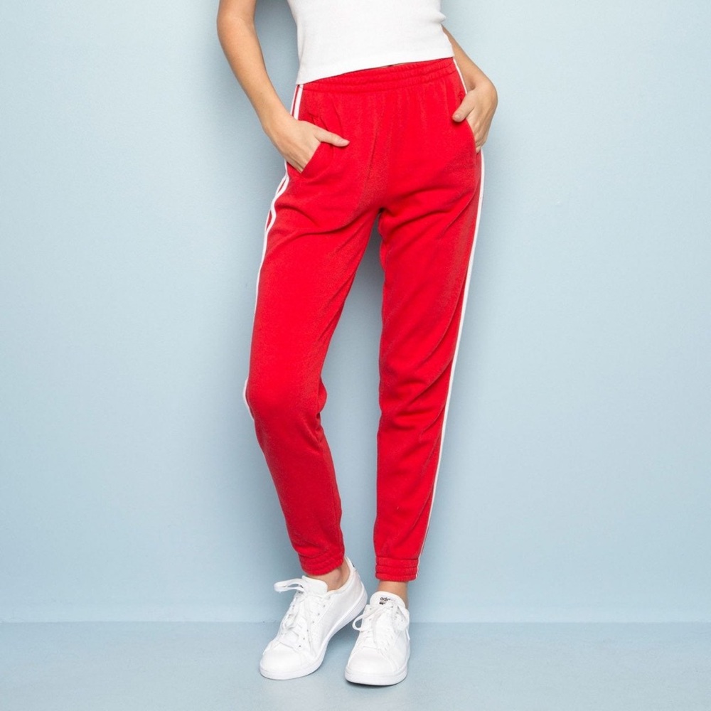 Brandy Melville Red Sweatpants with White Stripes